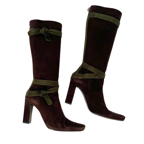 Vintage Prada Brown Green Suede Tie Strap Two-Tone Knee High Block Heel Boots 38 - Picture 3 of 12